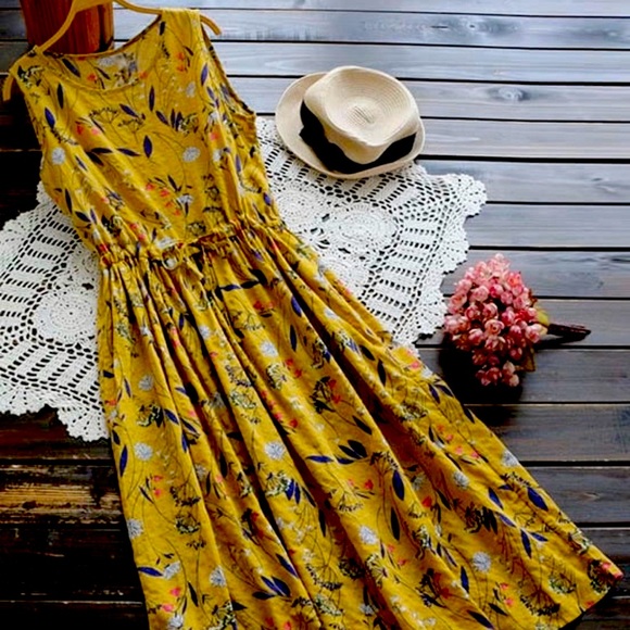 🎉🥳HP🥳🎉Golden Floral Drawstring Tank Dress - Picture 3 of 7